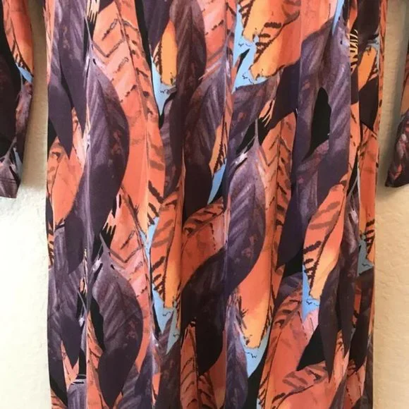 Multi-Colored Feather 3/4 Sleeve Gathered Dress M - Picture 5 of 9